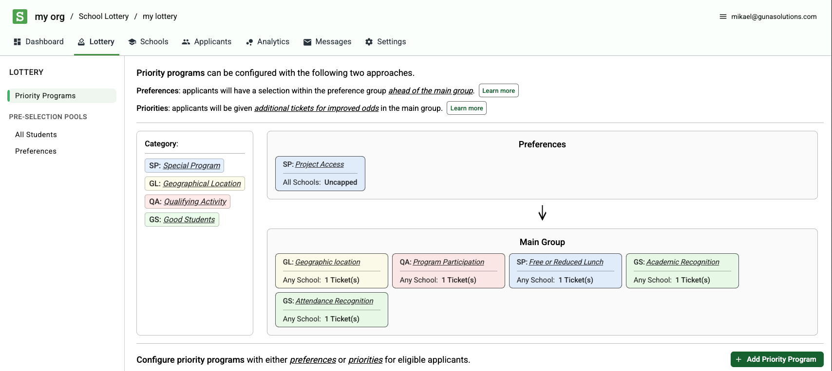 School Lottery configurable policies interface
