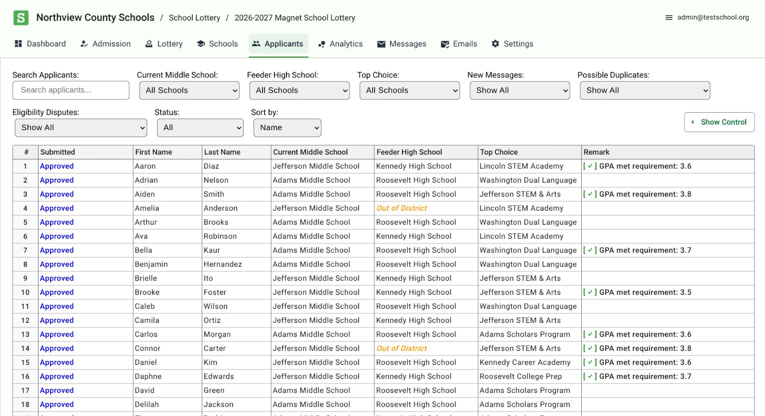 School Lottery applicant-review list with filters and operator context